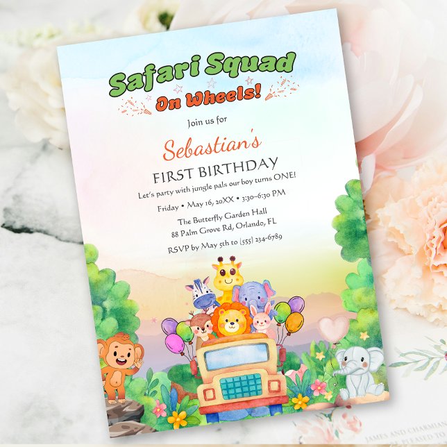 Convites Tema Safari Ride – Fera 1º Aniversário Menino (Wild One Safari Ride – Jungle 1st Birthday for boy Invitation)