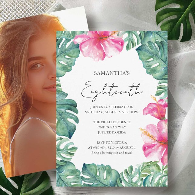 Convites Tema tropical da Festa de aniversário 18 (Eighteenth birthday invitations with photo watercolor pink flowers & palm leaf Victoria Grigaliunas)