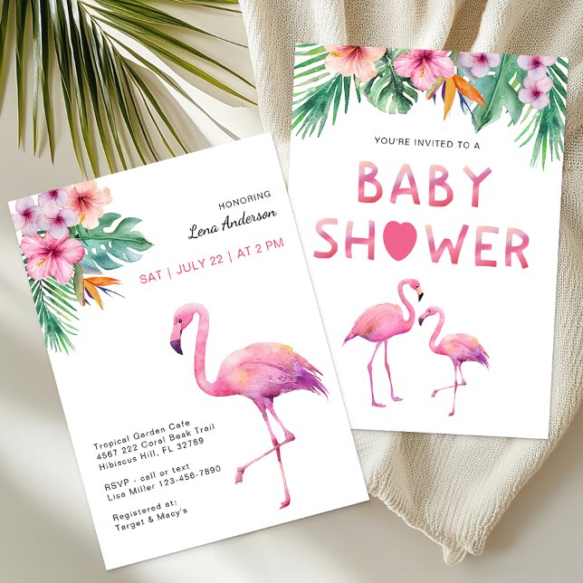 Convites Tema tropical do Chá de fraldas Flamingo rosa (Girl Baby Shower Invitation)