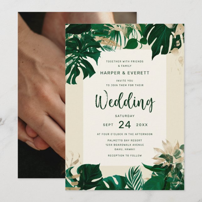 Convites Tema Verde Tropical com Casamento Fotográfico de V (Frente/Verso)