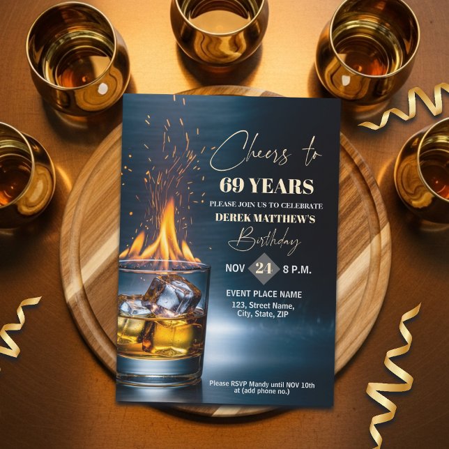 Convites Tema Whiskey Ouro para Homens de 69 Anos (Criador carregado)