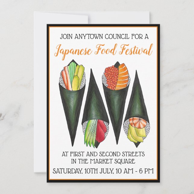 Convites Temaki Hand Roll Sushi Festival de Comida Japonês (Frente)