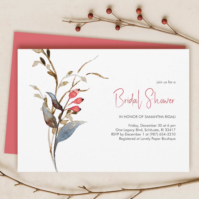 Convites Temas Elegantes de Chá de Noiva para Outono (Fall bridal shower theme features a flat lay of invitations with elegant botanicals on a white card)