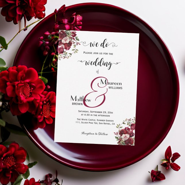 Convites Temos! Casamento de Script Moderno Floral da Burgu (Criador carregado)