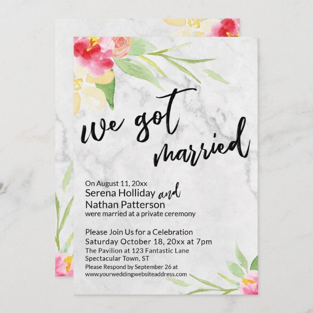 Convites Temos Flores de Aquarela Casadas E Cinza Marble (Frente/Verso)