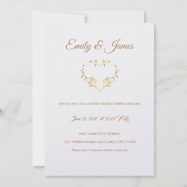 Convites Temple Wedding Invitation-Rico Dourado Heart (Frente)