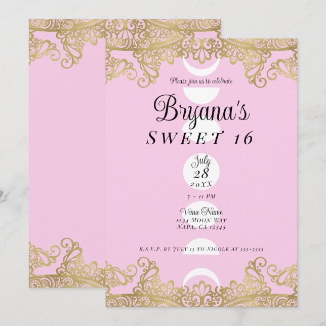 Convites Templo da Lua Rosa e Dourado Ornamentado Sweet 16 (Frente/Verso)