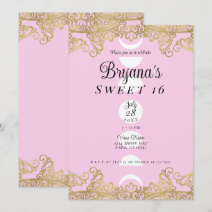 Convites Templo da Lua Rosa e Dourado Ornamentado Sweet 16
