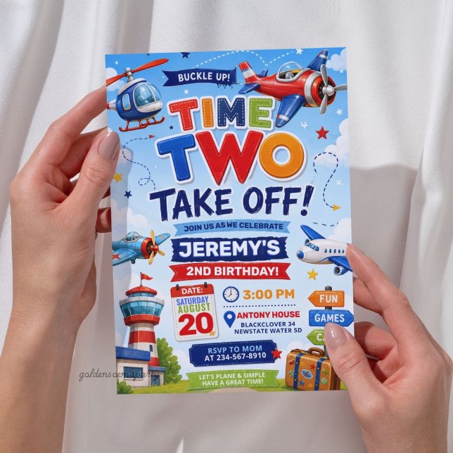Convites Tempo de Avião Dois decolar 2º Aniversário  (Airplane Time Two Take Off 2nd Birthday Invitation
)