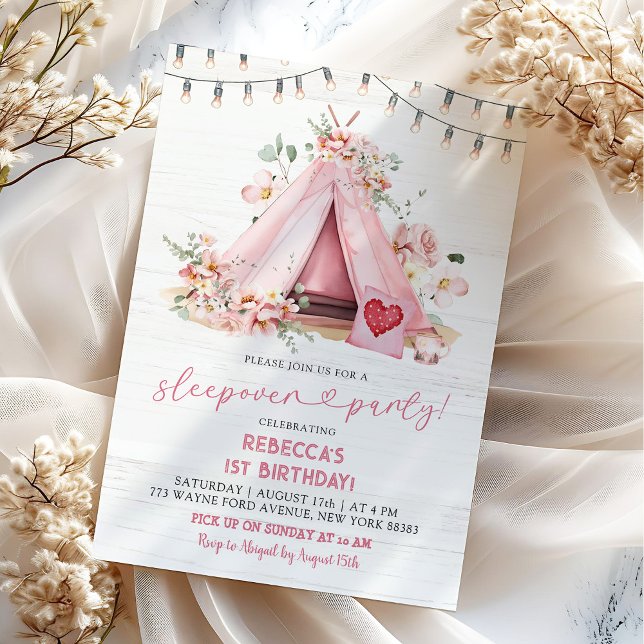 Convites Tenda de dormir Teepee rosa ao ar livre Aniversári (Criador carregado)