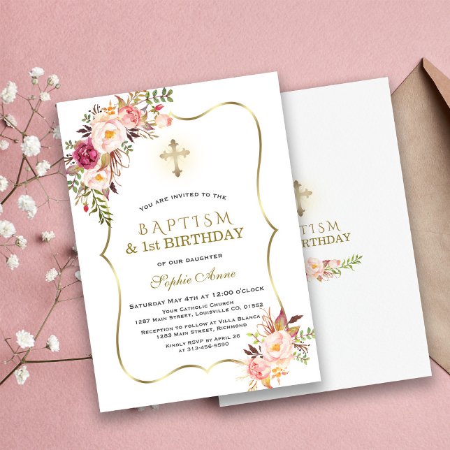 Convites Tendência Dourada Batismo Floral Rosa Rosa Primeir (baptism 1st birthday invitation, gold pink floral baptism, trendy pink gold baptism invitation)
