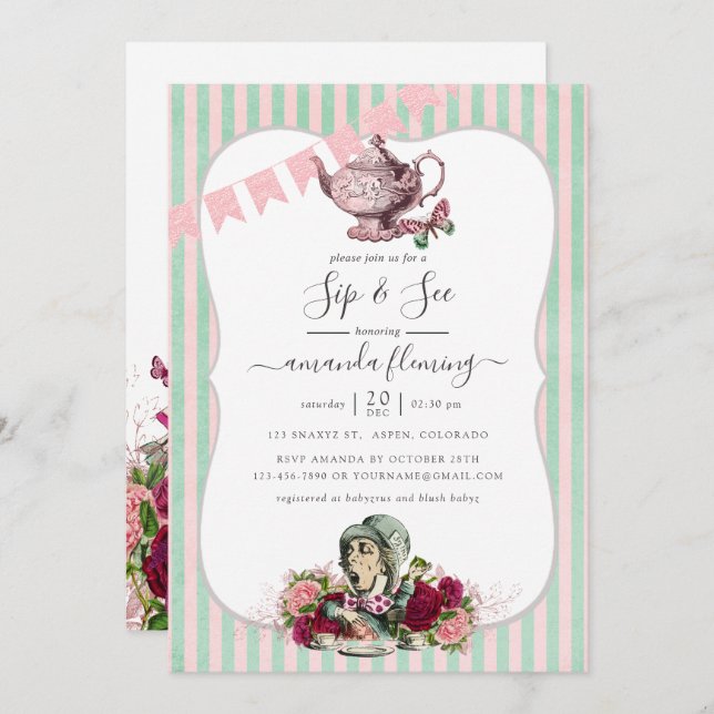 Convites Tendência Festa de Chá da Alice no País das Maravi (Frente/Verso)