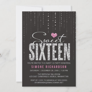 Convites Tendy Black Pink Silver Glitter Sweet 16