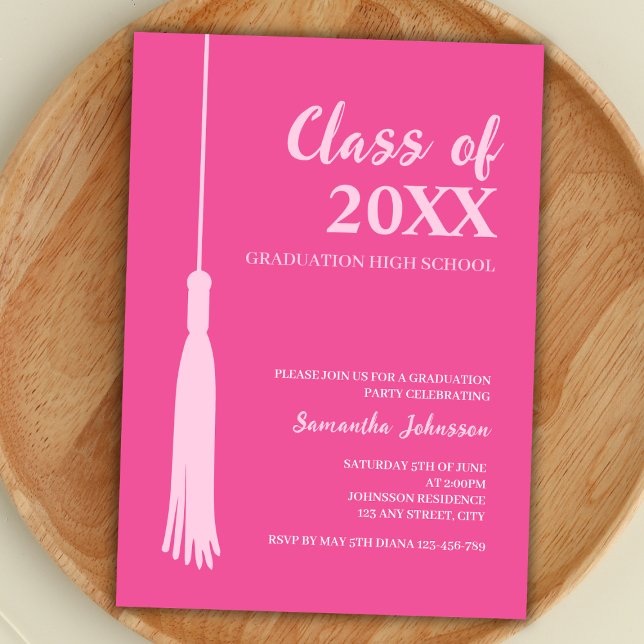 Convites Tendy Pink Feminine 2025 Formando Graduação de Tas (graduation party invitation class of 2024 feminine minimalist trendy hot pink grad tassel)