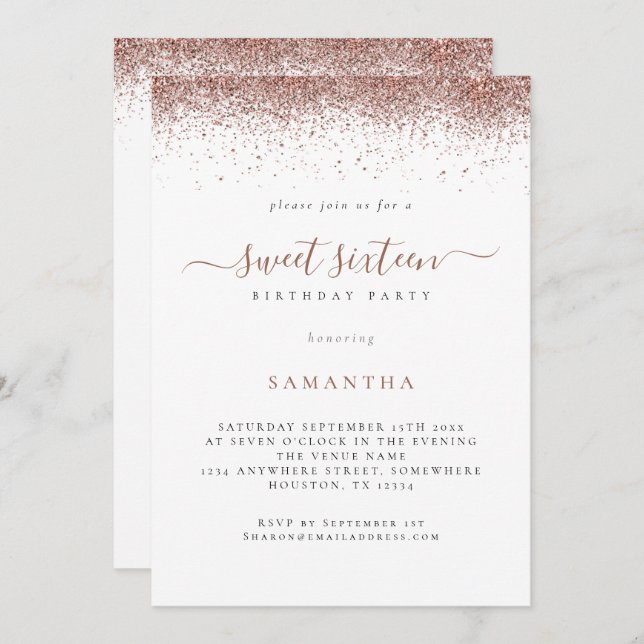 Convites Tendy Rosa Dourado Glitter Script Sweet 16 (Frente/Verso)