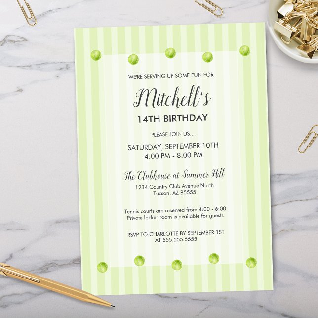 Convites Tênis de Aniversário do Clube Verde Moderno (modern green country club inspired tennis birthday invitations for boys girls or end of season teams)