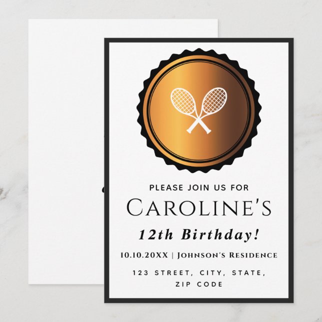 Convites Tênis Rackets Dourados e Black Elegent Sport Na mo (Frente/Verso)