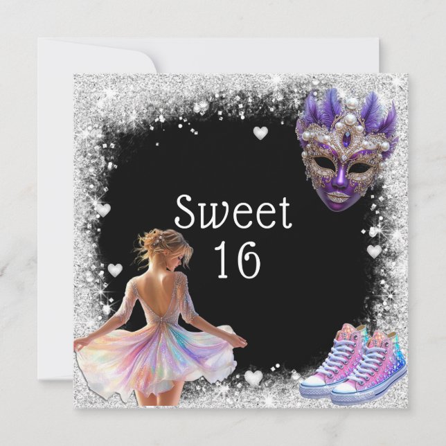 Convites Tênis Sweet 16 Brilho Prata Mardi Gras (Frente)