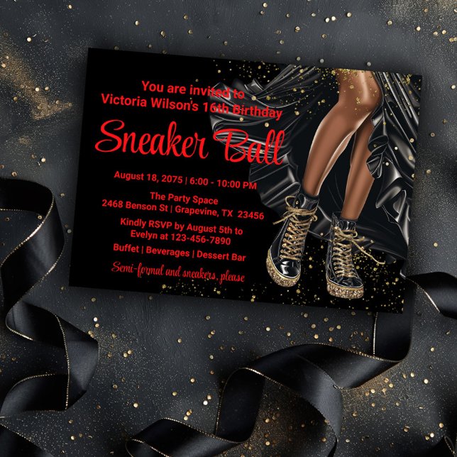 Convites Tênis Vermelho Preto Dourado Festa de Tênis (Pretty black and gold sneaker ball invitation. You can change the background color and text color.)