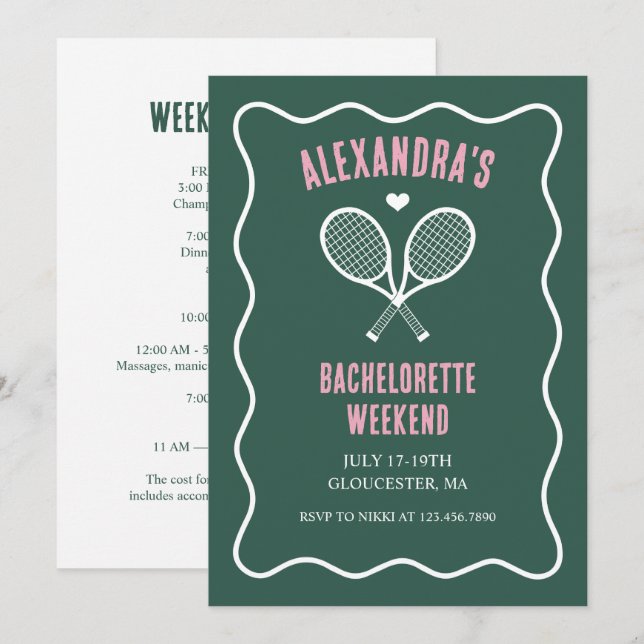 Convites Tennis Bachelorette party preppy green (Frente/Verso)