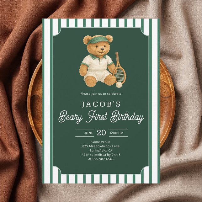 Convites Tennis Preppy Bear 1st Birthday Invitation (Criador carregado)