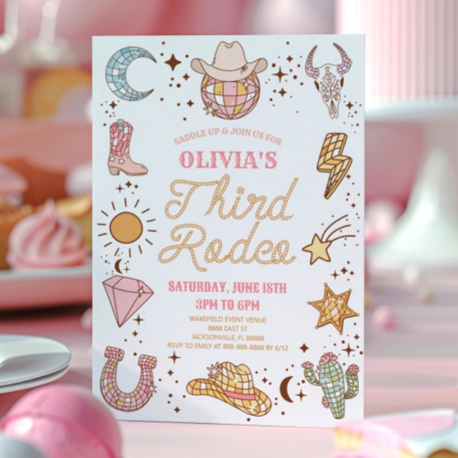 Convites Terceiro aniversário de 3 anos de Rodeo de Cowgirl (Criador carregado)