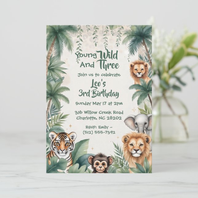 Convites Terceiro Aniversário de Menino com Animais do Safa (Em pé/Frente)
