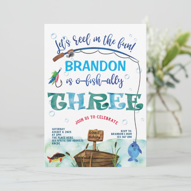 Convites Terceiro aniversário, foi pescar, o peixe-demais (Em pé/Frente)