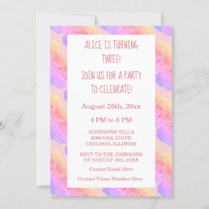 Convites Terceiro Aniversário - Rosa Floral de Ombre Rosa-C