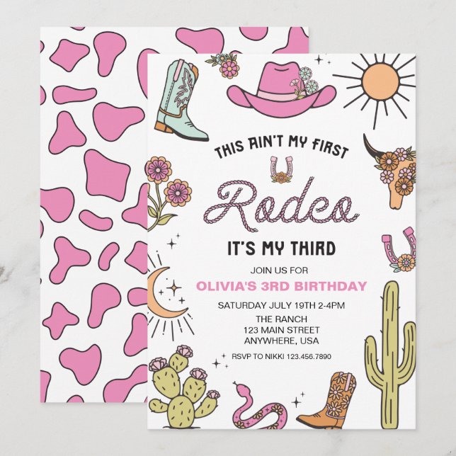 Convites Terceiro Rodeio Pink Western 3º Aniversário (Frente/Verso)