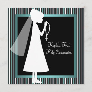 Convites Terço Azul Turquesa Preto Branco Meninas Primeira 