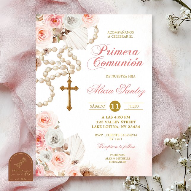 Convites Terço Floral Boho Rosa Primeira Comunhão (Criador carregado)