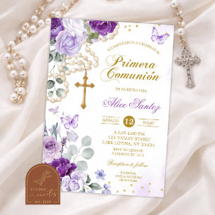 Convites Terço Floral Roxo Católica Primeira Comunhão