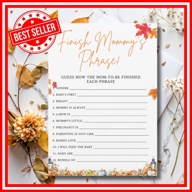 Convites TERMINAR A FRASE DA MAMÃE Jogo para Chá de Bebê AB (FINISH MOMMY'S PHRASE Easy Baby Shower Game A Little Pumpkin is on the Way Fall Autumn Theme)