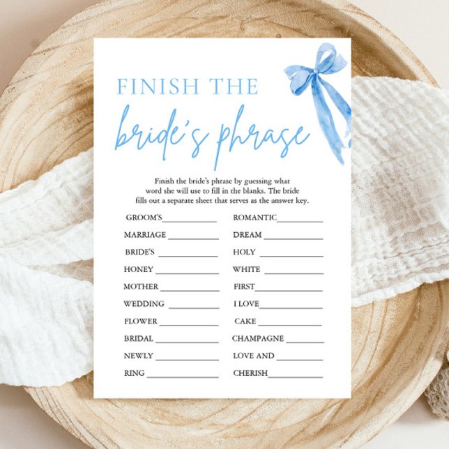 Convites Termine a Frase da Noiva Jogo de Chá de Noiva com  (Modern Watercolor Dusty Blue Bow Finish the Bride's Phrase Bridal Shower Game)