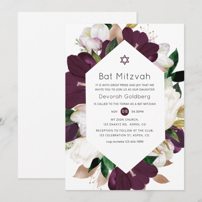 Convites Término Bat Mitzvah de Veludo Roxo Escuro e Floral (Frente/Verso)