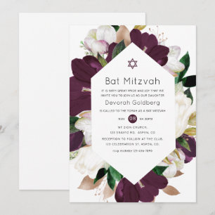 Convites Término Bat Mitzvah de Veludo Roxo Escuro e Floral