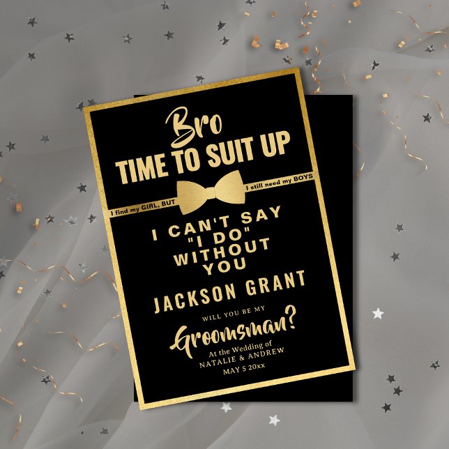 Convites Terno Preto e Dourado Moderno para Padrinhos (Modern Black & Gold Tuxedo Suit Up Groomsman Invitation)