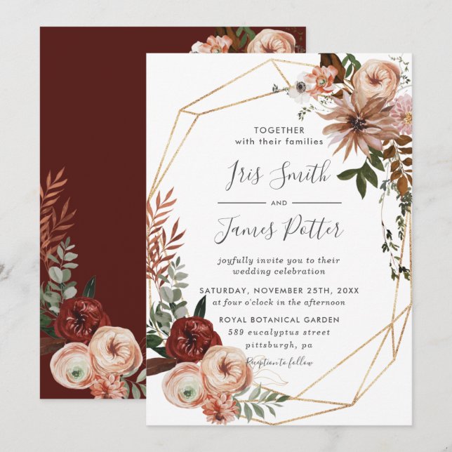 Convites Terra Burgundy Blush Orange Greenery Casamento out (Frente/Verso)