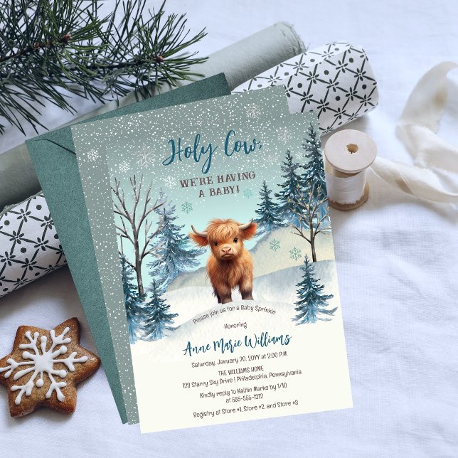 Convites Terra Cura Santa Vaca Winter Baby Sprinkle (Cute Highland Calf "Holy Cow, We're Having a Baby!" Winter Baby Sprinkle Invitation)