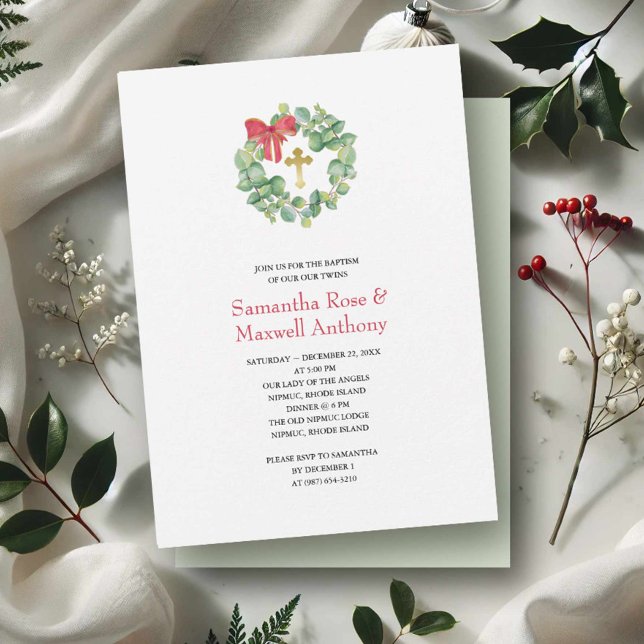 Convites Terra das Aquarelas e Dourado batismo cruzado (Christmas wedding invitations watercolor eucalyptus wreath by Victoria Grigaliunas of VG Invites)