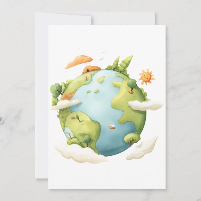 Convites Terra em Aquarela - Terra de Desenho Animado com E (Frente)