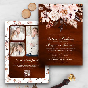 Convites Terra Ivory Floral Código QR Terracota Casamento