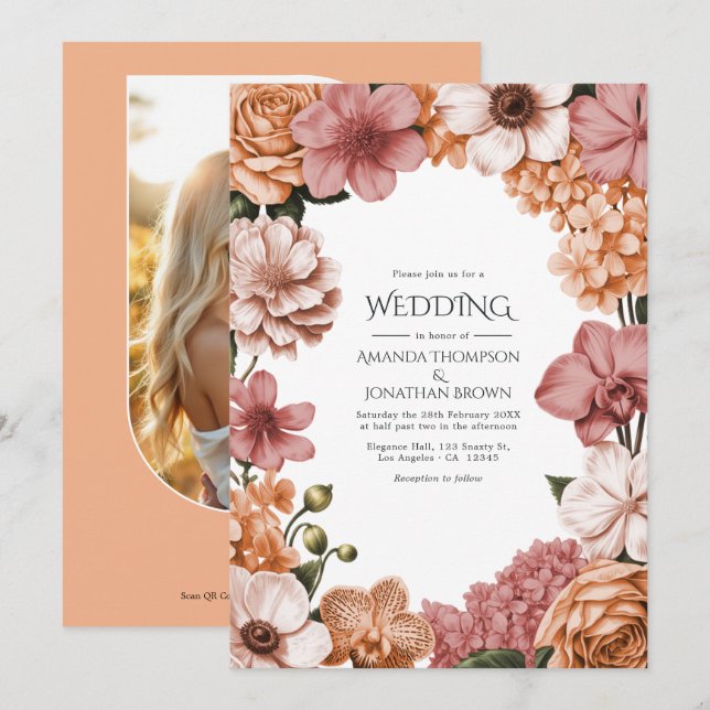 Convites Terra Peach, Clay Rose & Soft Blush Buff Casamento (Frente/Verso)