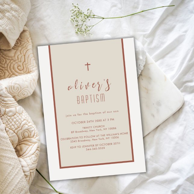 Convites Terra Tone Modern Cross Christening Boy Baptism (Earth Tone Modern Cross Christening Boy Baptism Invitation)