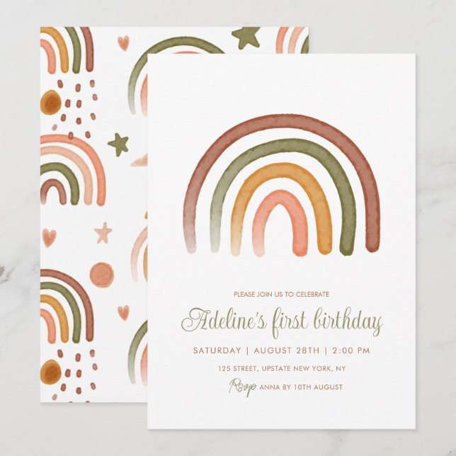 Convites Terra Tone Watercolor Rainbow Boho Aniversário (Frente/Verso)