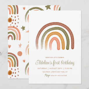 Convites Terra Tone Watercolor Rainbow Boho Aniversário