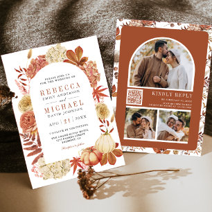 Convites Terracota Abóbora Floral Código QR Casamento