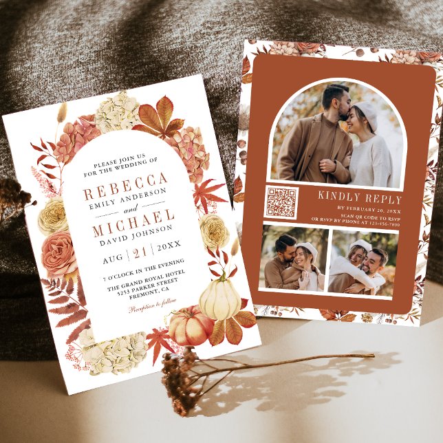 Convites Terracota Abóbora Floral Código QR Casamento (Criador carregado)