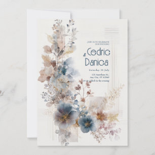 Convites Terracota Azul Floral Dourado Aquarela Casamento